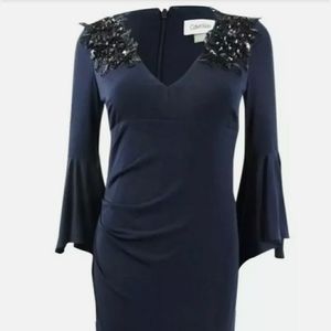 CALVIN KLEIN Embellished Stretch Bell-Sleeve Gown